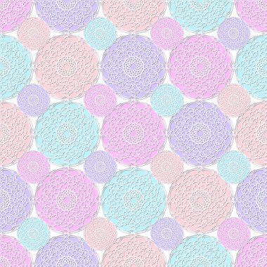 Beyaz arkaplanda renkli daireler çizen Arapça, pürüzsüz bir desen. Ramazan Kareem için tebrik kartı tasarlamak, mozaiğin İslami renkli ayrıntıları. Vektör geometrik illüstrasyon.