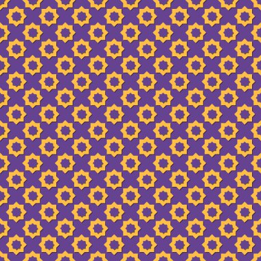 Renkli arka planda renkli elementlerle Arapça arabesk deseni. Ramazan Kareem için tebrik kartı tasarlamak, mozaiğin İslami renkli ayrıntıları. Vektör geometrik illüstrasyon.