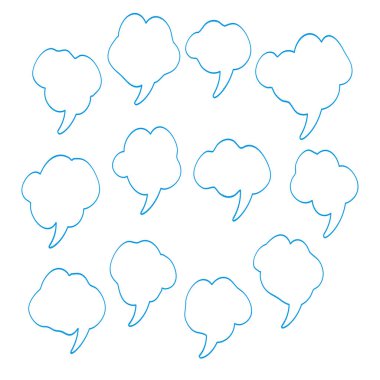 Mavi konuşma baloncukları. Çizgi film Vektör illüstrasyonu. Şeffaf beyaz arka planda izole edilmiş. El çizim biçimi, diyalog bulutları. 