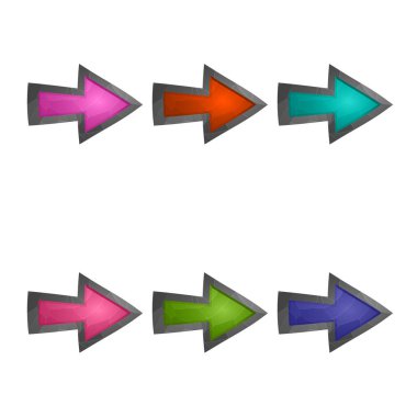 Oyun unsurları beyaz arkaplanda izole edildi. Bilgisayar oyunu için tasarım. Semboller ve simgeler. Koleksiyon düğmeleri oyunlar ve uygulamalar için kullanılır. Farklı renkte ok düğmesi. İmleç. İşaretçi.