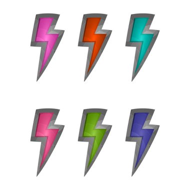 Oyun unsurları beyaz arkaplanda izole edildi. Bilgisayar oyunu için tasarım. Semboller ve simgeler. Oyun ve uygulama için koleksiyon düğmeleri. Farklı renkte yıldırım düğmesi. Çizgi film arayüzü.