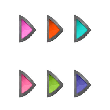 Oyun unsurları beyaz arkaplanda izole edildi. Bilgisayar oyunu için tasarım. Semboller ve simgeler. Koleksiyon düğmeleri oyunlar ve uygulamalar için kullanılır. Farklı renkler başlatma düğmesi. Çizgi film arayüzü.