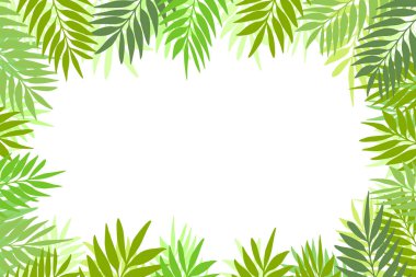 Beyaz arka planda renkli egzotik dalları olan çiçekli bir çerçeve. Tropik yapraklarla süslü bir sınır. Duvar kağıtları, posterler ve kart için vektör hisse senedi çizimi. Doodle tarzı. Boşluğu kopyala.