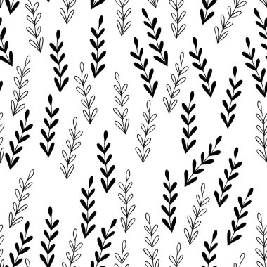 Beyaz arka planda dalları olan dikişsiz çiçek deseni. Tropik yapraklarla, filizlerle süslenmiş. Kumaş, tekstil, duvar kağıdı, posterler, kağıt için vektör çizimi. Moda baskısı. Doodle tarzı.