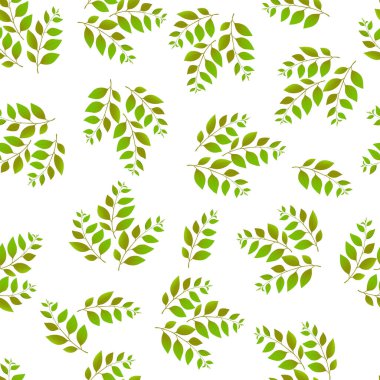 Yeşil filizli yay pürüzsüz desen. Kumaş, tekstil, duvar kağıdı, posterler, kağıt için vektör stok çizimi. Moda baskısı. Yapraklı dal. Doodle tarzı.
