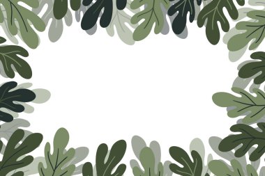 Beyaz arka planda renkli egzotik dalları olan çiçekli bir çerçeve. Tropik yapraklarla süslü bir sınır. Duvar kağıtları, posterler ve kart için vektör hisse senedi çizimi. Doodle tarzı. Boşluğu kopyala.