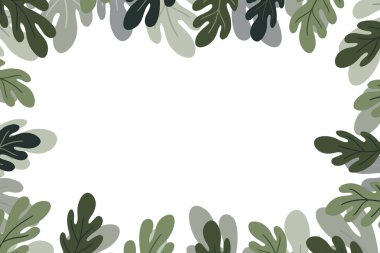 Beyaz arka planda renkli egzotik dalları olan çiçekli bir çerçeve. Tropik yapraklarla süslü bir sınır. Duvar kağıtları, posterler ve kart için vektör hisse senedi çizimi. Doodle tarzı. Boşluğu kopyala.