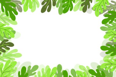 Beyaz arka planda renkli egzotik dalları olan çiçekli bir çerçeve. Tropik yapraklarla süslü bir sınır. Duvar kağıtları, posterler ve kart için vektör hisse senedi çizimi. Doodle tarzı. Boşluğu kopyala.