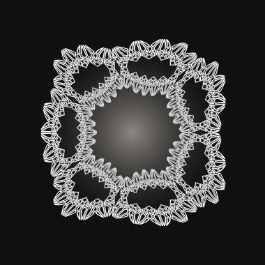 Siyah arka planda dantel süslemeli beyaz çerçeve. Art deco. Lüks mandala, elle çizim tasarımı. Etnik motif. Soyut vektör illüstrasyonu. Davetiye, poster, kart tasarımı.