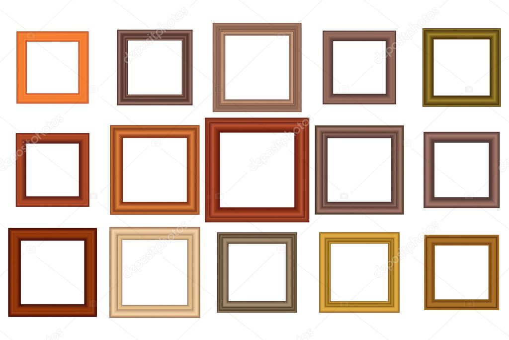 Big set of squared vintage wooden frame for your design. Vintage cover. Place for text. Vintage antique gold beautiful rectangular frames. Template vector illustration.