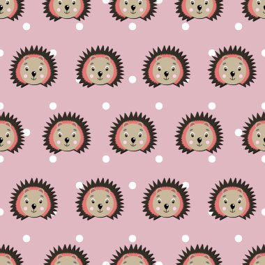 Çocuklar için vektör düz hayvanlar renkli bir illüstrasyon. Pembe benekli arka planda şirin kirpi suratlı kusursuz desen. Sevimli çizgi film karakteri. Kart, poster, kumaş, tekstil tasarımı.