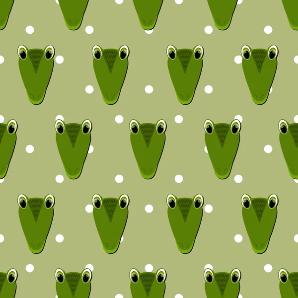 ベクトルフラット動物子供のためのカラフルなイラスト 緑の水玉を背景にかわいいワニの顔をしたシームレスなパターン 愛らしい漫画のキャラクター カード ポスター 織物のデザイン — ストックベクタ