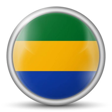 Gabon bayraklı cam top. Yuvarlak küre, şablon simgesi. Ulusal sembol. Parlak gerçekçi top, beyaz arkaplanda işaretlenmiş üç boyutlu soyut vektör çizimi. Büyük kabarcık. 