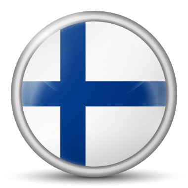 Finlandiya bayrağı taşıyan cam top. Yuvarlak küre, şablon simgesi. Finlandiya 'nın ulusal sembolü. Parlak gerçekçi top, beyaz arkaplanda işaretlenmiş üç boyutlu soyut vektör çizimi. Büyük kabarcık. 