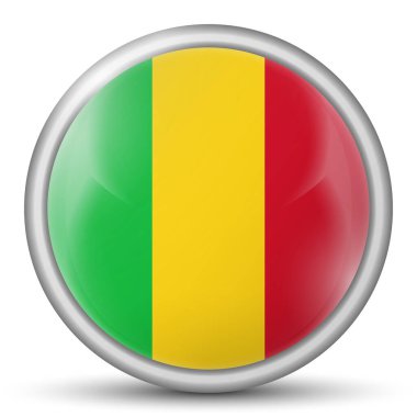 Mali bayrağıyla birlikte cam ışıklı top. Yuvarlak küre, şablon simgesi. Ulusal sembol. Parlak gerçekçi top, beyaz arkaplanda işaretlenmiş üç boyutlu soyut vektör çizimi. Büyük kabarcık.