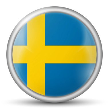 İsveç bayraklı cam top. Yuvarlak küre, şablon simgesi. İsveç ulusal sembolü. Parlak gerçekçi top, beyaz arkaplanda işaretlenmiş üç boyutlu soyut vektör çizimi. Büyük kabarcık.