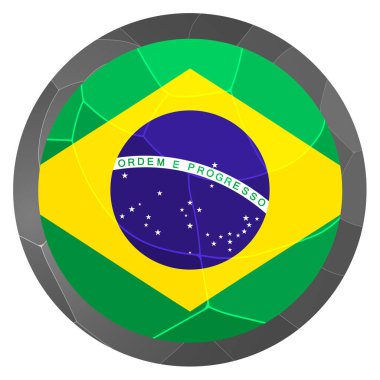 Brezilya bayraklı cam top. Yuvarlak küre, şablon simgesi. Brezilya ulusal sembolü. Parlak gerçekçi top, beyaz arkaplanda işaretlenmiş üç boyutlu soyut vektör çizimi. Büyük kabarcık.