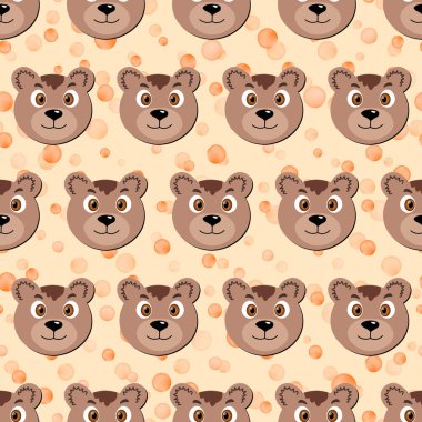 Bej benekli arka planda sevimli ayı suratlı kusursuz desen. Çocuklar için vektör düz hayvanlar renkli bir illüstrasyon. Sevimli çizgi film karakteri. Kart, poster, kumaş, tekstil tasarımı.