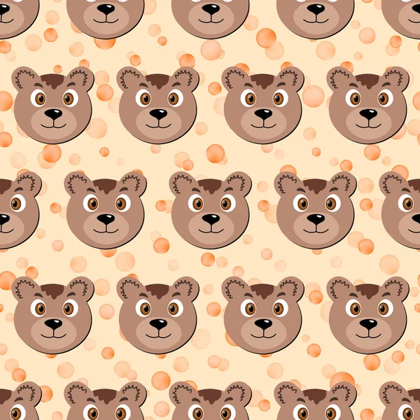 Seamless Pattern Cute Bear Face Beige Polka Dots Background Vector — Stock Vector