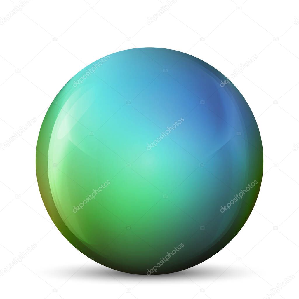 Glass green ball or precious pearl. Glossy realistic ball, 3D abstract vector illustration highlighted on a white background. Big metal bubble with shadow.