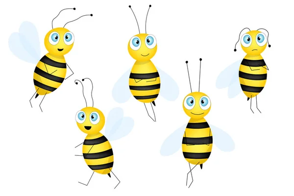 Big Set Cartoon Cute Bee Mascot Small Bees Flies Wasp — Stock Vector