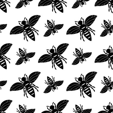 Beyaz arka planda arıların silueti olan kusursuz bir desen. Sevimli çizgi film karakteri. Davetiye, kart, tekstil, kumaş için şablon tasarımı. Düz stil. Vektör stok illüstrasyonu.