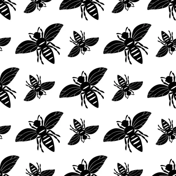 白い背景に蜂のシルエットでシームレスなパターン 愛らしい漫画のワスプ文字 招待状 カード 生地のためのテンプレートデザイン フラットスタイル ベクターストックイラスト — ストックベクタ