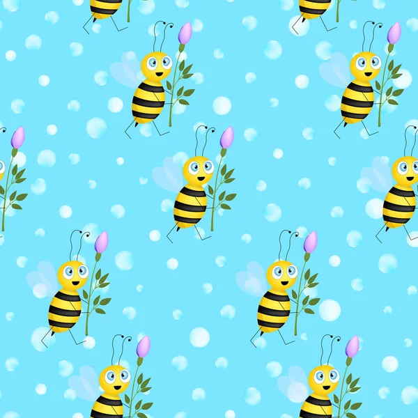 Patrón Sin Costuras Con Abejas Sobre Fondo Lunares Azules Adorable — Archivo Imágenes Vectoriales