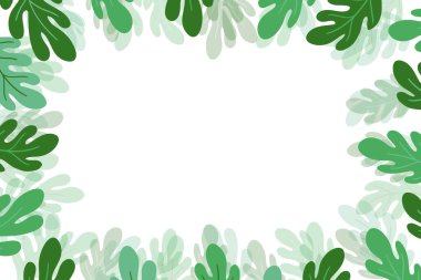 Beyaz arka planda renkli egzotik dalları olan çiçekli bir çerçeve. Tropik yapraklarla süslü bir sınır. Duvar kağıtları, posterler ve kart için vektör hisse senedi çizimi. Doodle tarzı. Boşluğu kopyala.