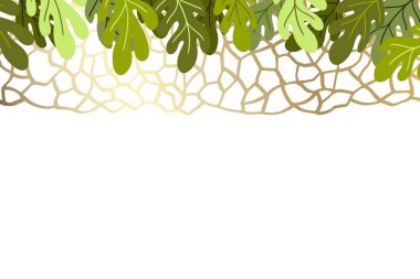 Renkli egzotik dallara ve beyaz arka planda altın bir şebekeye sahip çiçek deseni. Meşe yapraklarıyla süslü bir sınır. Duvar kağıtları, posterler ve kart için vektör hisse senedi çizimi. Doodle tarzı. Boşluğu kopyala.