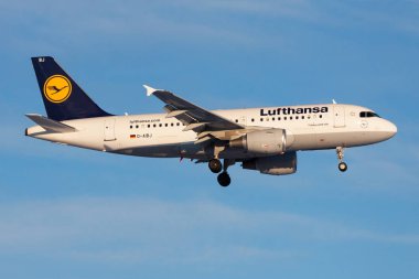 Lufthansa Airbus A319 D-Aibj yolcu uçağı Frankfurt Havaalanına iniyor.