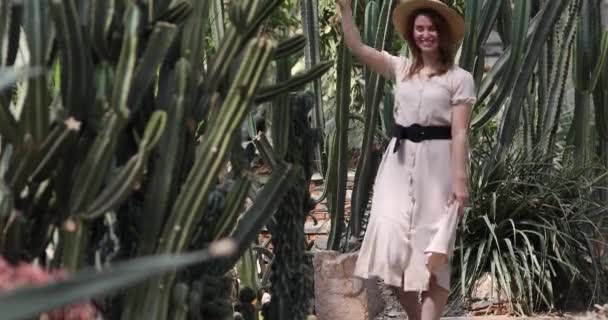 Жінка Сукні Гуляє Серед Великих Кактусів — стокове відео