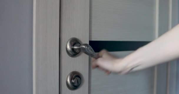 Woman Hand Holds Door Handle Opens Closes — Stock Video