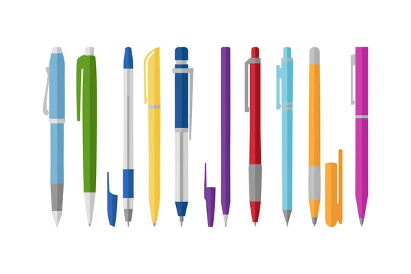 Collection de stylos différents, style plat, illustration vectorielle — Image vectorielle