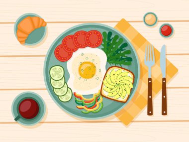 Sağlıklı kahvaltı, kızarmış yumurta, yeşiller, sebzeler, avokado, kahve, kruvasan, vektör illüstrasyonlu tost.
