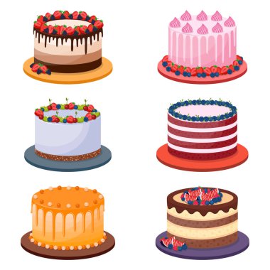 Beyaz arkaplanda doğum günü pastaları kümesi, vektör illüstrasyonu