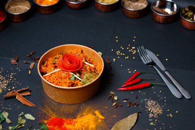 Hint yemekleri ve baharatlar, menü için şık fotoğraflar.