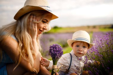 Küçük çocuk annesiyle lavanta tarlasında yürüyor..