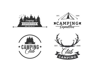 Yaratıcı Kamp Konsepti Logo Tasarım Şablonu, Siyah Beyaz, Rozetler, Set Logo