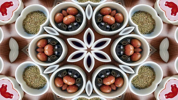 Abstracte Ontbijt Foto Symmetrisch Patroon Sier Decoratieve Caleidoscoop Verkeer Geometrische — Stockfoto