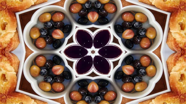 Abstraktní Snídani Foto Symetrický Vzor Okrasné Dekorativní Kaleidoskop Hnutí Geometrické — Stock fotografie