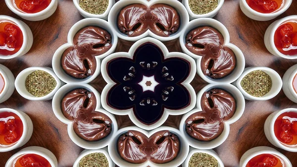 Abstraktní Snídani Foto Symetrický Vzor Okrasné Dekorativní Kaleidoskop Hnutí Geometrické — Stock fotografie