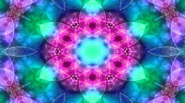 Soyut renkli parlak ve hipnotik kavram simetrik desen süs dekoratif Kaleidoscope hareketi geometrik daire ve yıldız şekli