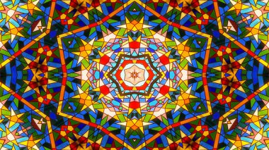 Soyut renkli parlak ve hipnotik kavram simetrik desen süs dekoratif Kaleidoscope hareketi geometrik daire ve yıldız şekli