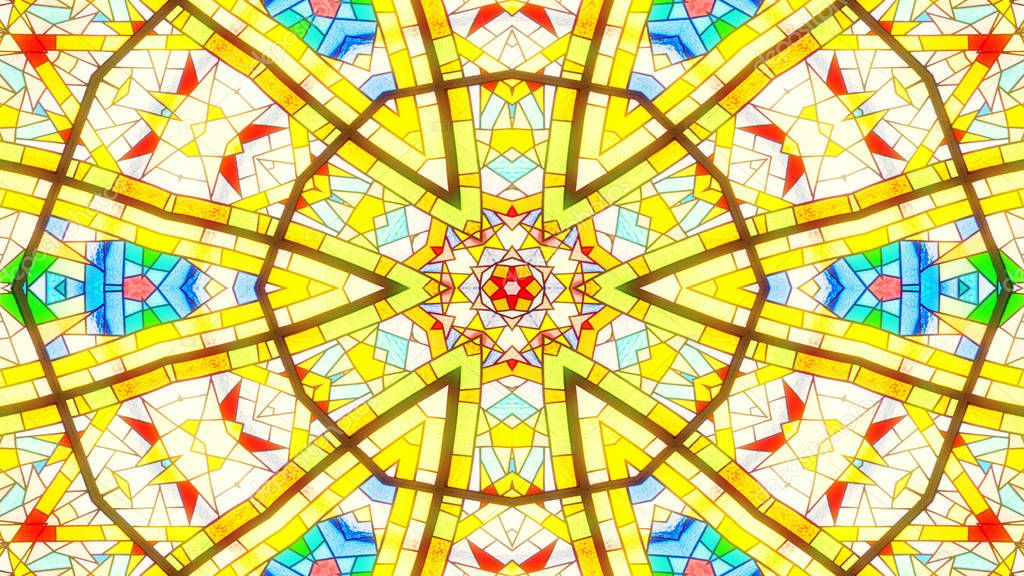 Abstract Colorful Shiny and Hypnotic Concept Symmetric Pattern Ornamental Decorative Kaleidoscope Movement Geometric Circle and Star Shape