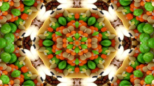 蔬菜食品概念对称图案观赏装饰万花筒运动几何圈与星形 — 图库照片