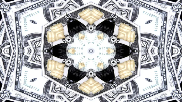 Absztrakt Pénzt Koncepció Szimmetrikus Minta Díszítő Dekoratív Kaleidoszkóp Mozgalom Geometriai — Stock Fotó
