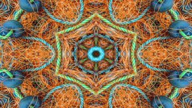 Fishnet ve balıkçılık satır kavramı simetrik desen süs dekoratif Kaleidoscope hareketi geometrik daire ve yıldız şekiller soyut