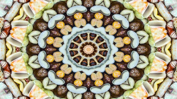 Abstracte Droge Schelpen Sterren Concept Symmetrisch Patroon Sier Decoratieve Caleidoscoop — Stockfoto