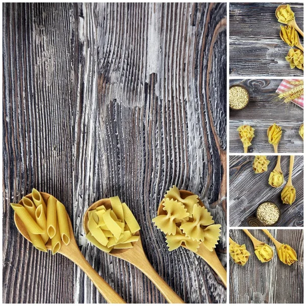 Italiaanse Macaroni Pasta Ongekookt Collage — Stockfoto